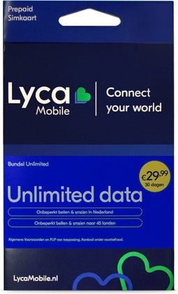 Lycamobile onbeperkt data + Onbeperkt bellen en sms'en voor 30 dagen AANBIEDING!!