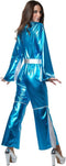 Dressforfun Disco Starlet XXL - Dameskostuum - Glanzende jumpsuit met zilveren details - Neonblauw
