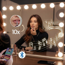 Sansbeauté® Hollywood Spiegel - Make Up Spiegel 80x60cm - 18 Dimbare LED Lampen - 10X Vergroting - Bluetooth - USB Oplaadpoort - Rechthoekig