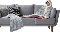 Linnick Flanel Fleece Deken + Hoodie met Capuchon Bont Rabbit - zilver grey - 140x200cm - 130x180cm - Plaid