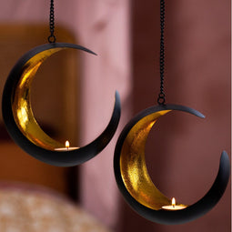Gadgy Waxinelichthouder Maan - Hangend - Set van 2 - Zwart/Goud - Ø20x9,5cm (2 stuks)