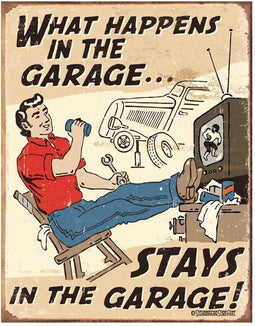 Metalen Retro Bord What Happens In The Garage