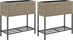 vidaXL - Plantenbakken - met - schap - 2 - st - 70x28x70 - poly - rattan - grijs