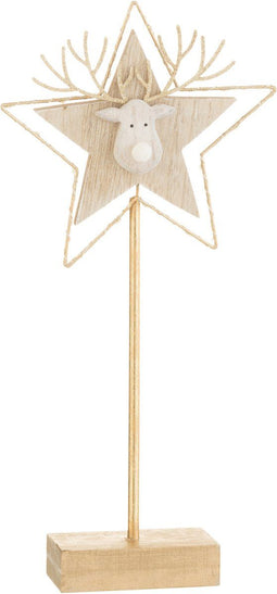 J-Line kerstdecoratie Rendier/Ster op voet - hout - goud/wit - small - LED lichtjes