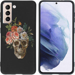 iMoshion Hoesje Geschikt voor Samsung Galaxy S21 Hoesje Siliconen - iMoshion Design hoesje - Zwart / Flower Skull
