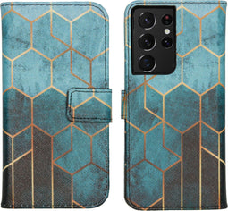 iMoshion Hoesje Geschikt voor Samsung Galaxy S21 Ultra Hoesje Met Pasjeshouder - iMoshion Design Softcase Bookcase - Goud / Meerkleurig / Groen / Green Honeycomb