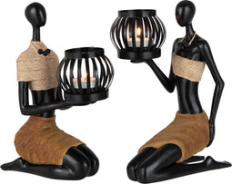 J-Line kaarshouder - theelichthouder - Figuur Knielend - polyresin - bruin - 2 stuks