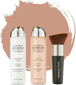 Magic Minerals AirBrush Foundation 3-delige set by Jerome Alexander – Warm/Beige – Foundation en LiquidSilk Airbrush Primer kit – Met gratis Kabuki kwast - Make-up met een natuurlijke dekking