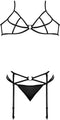 Magic Silk BH, Kousenband & G-String Set met Ringen en Bandjes - M black L/X
