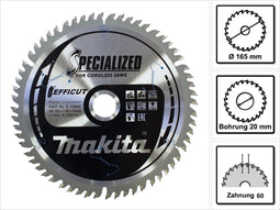 Makita B-69864 Cirkelzaagblad 165 x 20 x 1.85 mm Aantal tanden: 60 1 stuk(s)