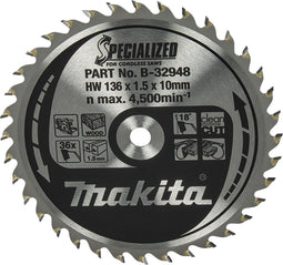 Makita Cirkelzaagblad voor Hout | Specialized: Accu | Ø 136mm Asgat 10mm 36T - B-32948