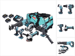 Makita DLX 6046 accu combiset 18 V DGA 452 + DHP 458 + DJR 186 + DML 802 + DSS 610 + DTD 152 + 3x accu 3.0 Ah + lader + tas