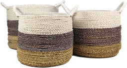 Mandenset Malibu - naturel/paars/wit - raffia/zeegras - set van 3