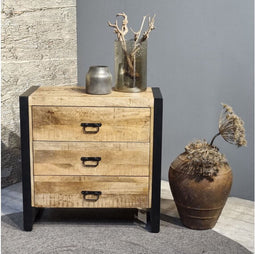 Mangohout kastje 3 lades Industrieel Design 80 cm - Mangohout en Staal