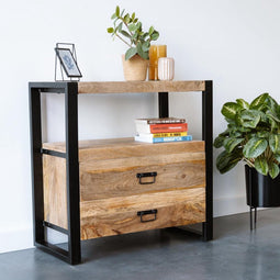 Mangohout - Nachtkastje - Bijzettafel - kastje 2 lades Industrieel Design 80 cm - Mangohout en Staal - Tv-meubel - - Stalen Poten