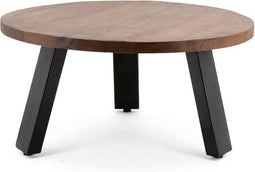Mangohout Salontafel - Ronde Bijzettafel met Stoere Metalen Poten - 70 x 70 x 35 cm