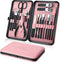 Manicureset - 18-Delige Professionele Nagelknipperset - Roze - Pedicureverzorgingsgereedschap - Roestvrij Staal Verzorgingsgereedschap met Roségouden PU-Lederen Tas voor op Reis en Thuis - Roze