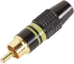 MANNELIJKE RCA PLUG - VERGULDE STEKKER - ZWARTE BEHUIZING - GELE RING (CA051Y)