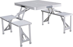 Marbueno Tafelset en 4 Stoelen met Paraplu Gat Vouwbaar Aluminium Grijs Camping en Strand 136X85X67 cm 10439
