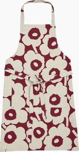 Marimekko schort Unikko donkerrood en naturel, katoen-linnen mix