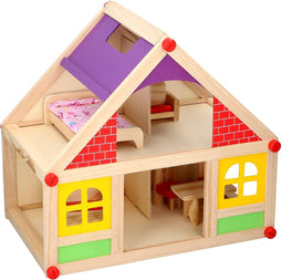 Marionette Wooden Toys Houten Poppenhuis Incl. Meubels en Poppetjes - 11-Delige Kinderspeelgoed Set