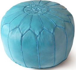 | Marokkaanse Lederen Poef | Lichtblauw | Handgemaakt | 50 Ø | Gevuld geleverd |