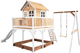 AXI Liam Speelhuis in Bruin/Wit - Met Verdieping, Zandbak, Enkele Schommel en Witte Glijbaan - Speelhuisje voor de tuin / buiten - FSC hout - Speeltoestel voor kinderen