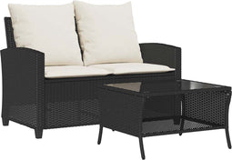 vidaXL - Tuinbank - 2-zits - met - kussens - & - tafel - poly - rattan - zwart