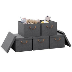 Woltu Opbergdozen Set van 5 - Grijze Opvouwbare Dozen met Deksel en Handgrepen - Stof Opbergmanden