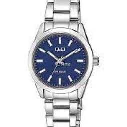 Q&Q Q82A-002PY - Horloge - Analoog - Dames - Vrouwen - stalen band - Rond - Metaal - Streepjes - Zilverkleurig - DonkerBlauw - 5 ATM