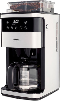 MEDION koffiezetapparaat met maler en glazen kan (1,5 liter, max. 12 kopjes, 8 maalinstellingen, max. 1050 watt, 24-uurs timer, LED-display, druppelstop, permanent filter, MD19899)