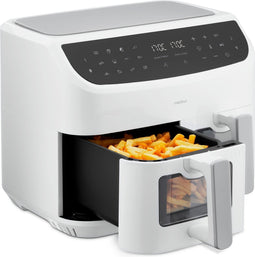 MEDION P20 XXL Dubbele Airfryer (8,7 liter, 2.600 watt, heteluchtfriteuse met 2 kamers, kijkvenster, 9 automatische programma's, 2 lades, Dual Airfryer, Dual Cook & Sync finish functie) wit