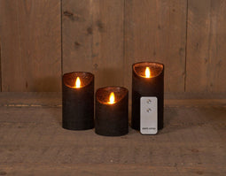 Annas collection - B.o. 3st kaars wax rustiek bewegende vlam 7.5x10/12.5/15cm zwart afstandsbedi...