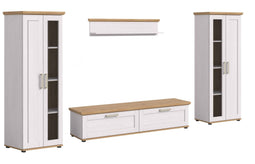 Furnilux Verona - Wandkast Systeem 4 Delen - 2 Vitrinekasten en TV-kast - Wit met eiken decor