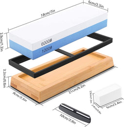 Messenslijpsteen Whetstone Set 2 Side Grit 1000/6000 Premium Whetstone Messenslijper - Polijstgereedschap voor keukenmessen en chef-koks, antislip bamboebasis en hoekgeleider