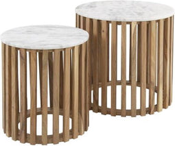 Meubelplaats Bijzettafel Sunset set van 2 Wit marmer met mangohouten frame - ronde bijzettafels - modern design - salontafels