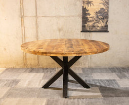 Meubelplaats Ronde Mango Eettafel Spider 100x100x77 cm - 5 cm dik blad - Industrieel Design - Massief Mangohout