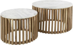 Meubelplaats Salontafel Sunset set van 2 Wit marmer met mangohouten frame - ronde salontafels - modern design