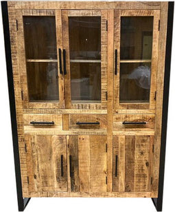 Meubelplaats Vitrinekast Mango en Zwart Metaal 135 cm Breed - Massief Hout en Glasdeuren