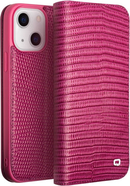 Qialino - Geschikt voor iPhone 14 - Leren bookcase hoes - Croco Roze