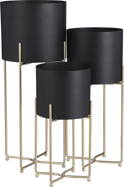 Mica Decorations Aries Bloempot op Standaard - Set van 3 - H58 x Ø24 cm - Zwart