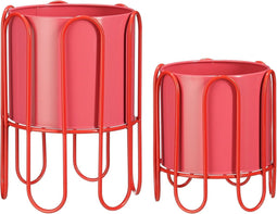 Mica Decorations Dione Bloempot op Standaard - Set van 2 - H35 x Ø26 cm - Metaal - Rood, Roze