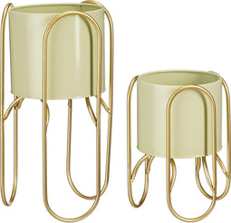 Mica Decorations Donau Bloempot op Standaard - Set van 2 - Metaal - H45 x Ø23 cm - Lichtgroen, Goud