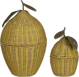 Mica Decorations Opbergmand met Deksel - Set van 2 - H48 x Ø30 cm - Rotan - Geel
