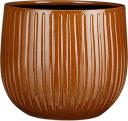 Mica Decorations Plantenpot/bloempot - keramiek - okergeel glans/ribbels- D29/H25 cm