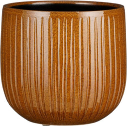 Mica Decorations Plantenpot/bloempot - keramiek - okergeel glans/ribbels- D21/H19 cm