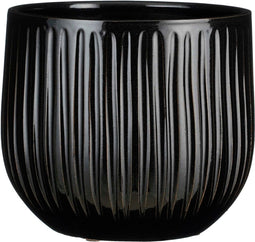 Mica Decorations Plantenpot/bloempot - keramiek - zwart glans/ribbels- D25/H20 cm