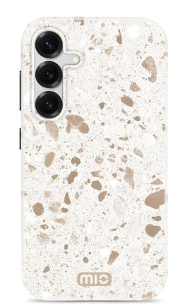 Mio by Mobilize Hoesje geschikt voor Samsung Galaxy S25 MagSafe Telefoonhoesje Hardcase | Mio by Mobilize Backcover | Geschikt voor MagSafe | Geschikt voor Draadloos Opladen met Magnetische Ring | MagSafe Case - Soft Terrazzo | Wit,goud