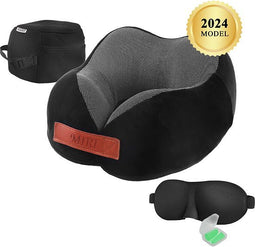 MiRi Reiskussen – Nekkussen – Inclusief Oordoppen en Slaapmasker – Luxe – Extreem comfortabel – Neksteun – Traagschuim – Zwart – Memory Foam – Ergonomisch – Orthopedisch – Vliegtuig / Auto / Thuiswerken