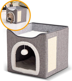 MIRO® Kattenhuis Met Krabpaal - Slaaphol , Mand , Hok , Bed & Meubel Voor Katten - Opvouwbaar Met Krabmat - Grijs